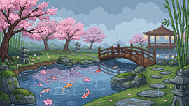 Pixel art : A Peaceful Rainy Koi Pond in a Japanese Garden by my pixel art