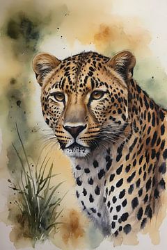 Alerte au léopard dans les tons chauds de l'aquarelle sur De Muurdecoratie