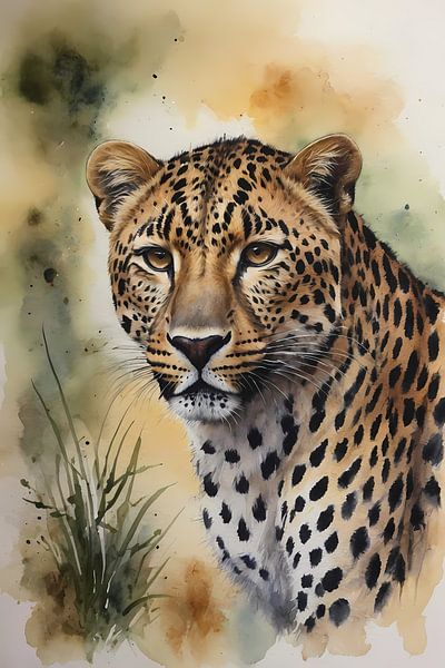 Alert Leopard in warmen Aquarelltönen von Art & Soul Creations