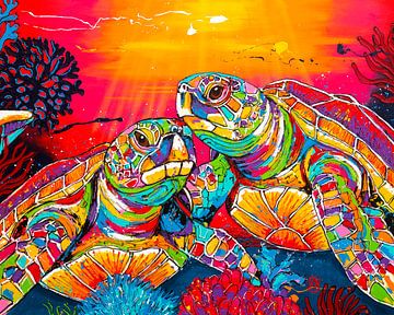 Liefdevolle Zeeschildpadden van Happy Paintings