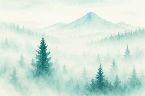Berglandschap in de mist (AI) (schilderij, kerstbomen, Noorwegen, bos, wildernis, mooi)