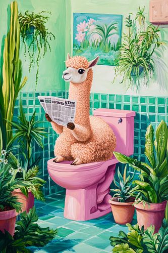 Llama relaxing in the colourful bathroom