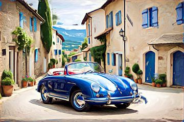 Blauwe Porsche 356 in een Frans dorp van DeVerviers