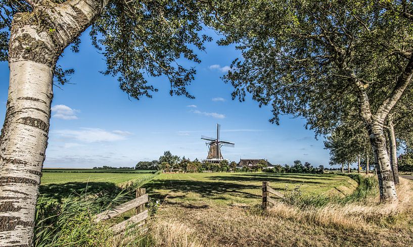 Typisch Hollands landschap in Friesland nabij Paesens Moddergat met windmolen en een blauwe lucht van Harrie Muis