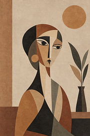 Bohemian Abstract Woman Art, Geometric Female Figure, Earthy Modern Figurative Artwork