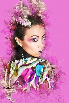 Porträt einer Geisha (Mischtechnik, einfarbig rosa Hintergrund) von Art by Jeronimo