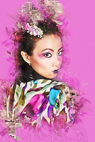 Portret van een geisha (mixed media, effen roze achtergrond)