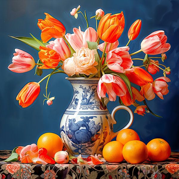 Bouquet de tulipes rose orangé dans un vase en terre cuite bleue par Vlindertuin-Art