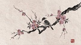 Beruhigender japanischer Vogel auf einem Blütenzweig im orientalischen Stil von Studio Pieternel