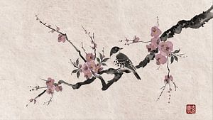 Beruhigender japanischer Vogel auf einem Blütenzweig im orientalischen Stil