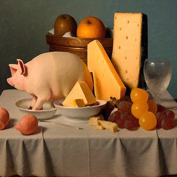 Still life with cheese, fruit and a pig