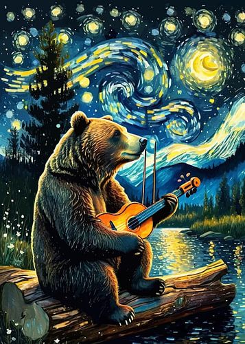 Bear playing ukulele under starry night