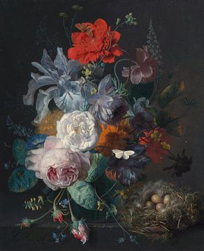 Flower still life in a glass vase with a bird's nest on a stone plinth,  Jan van Huijsum