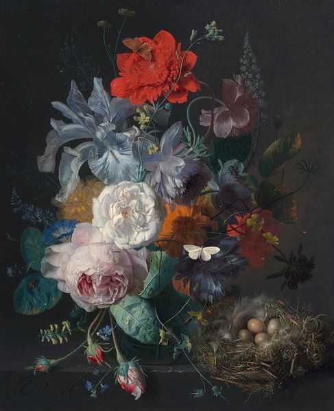 Nature morte en fleurs dans un vase en verre avec un nid d'oiseau sur un socle en pierre, Jan van Hu par Des maîtres magistraux