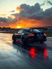 Porsche 911 GT3 RS Zwart-blauwe strepen op nat circuit