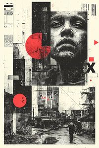 Portrait urbain avec cercles rouges - Collage abstrait de street art