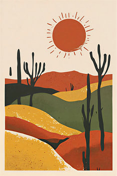 Boho Desert Landscape Wall Art, Mid Century Modern Cactus Sun Print, Terracotta and Sage Green Abstract Desert Poster, Southwest Minimalist Decor