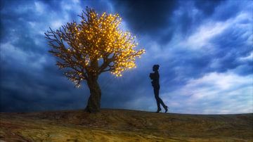 een vrouw staat voor een herfstboom (3d rendering) van Rainer Zapka