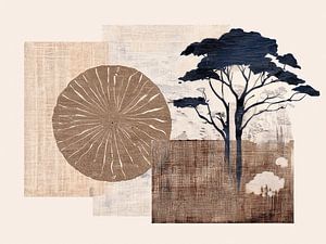 Ein ruhiger Baum in einer abstrakten Japandi-Landschaft mit Leinenstruktur