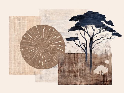 Ein ruhiger Baum in einer abstrakten Japandi-Landschaft mit Leinenstruktur
