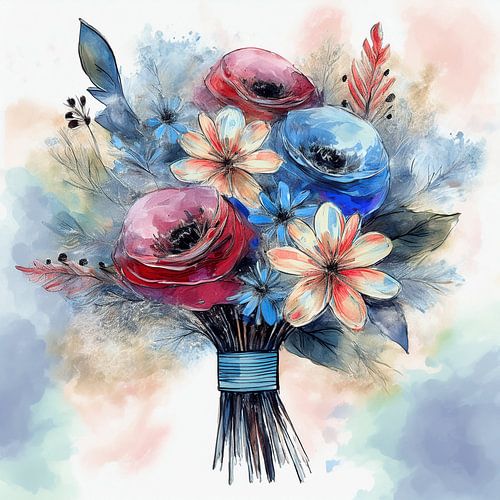 Boeket met kleurige bloemen als aquarel
