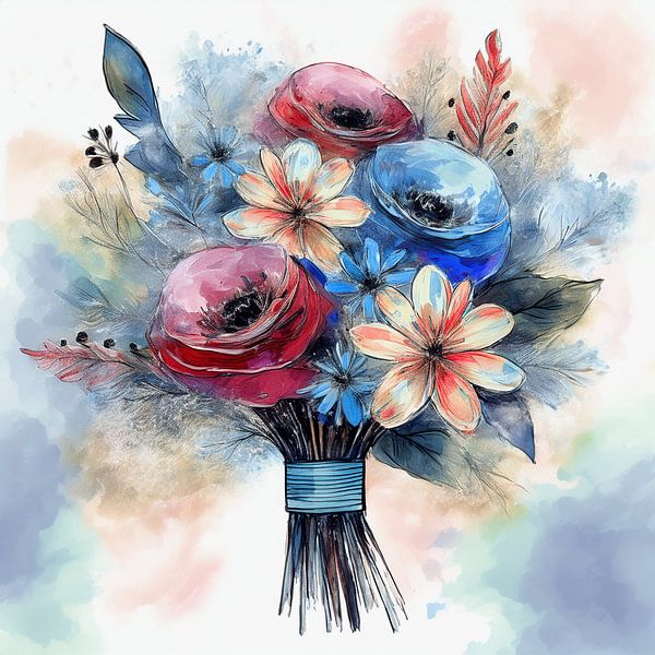 Blumenstrauß aus bunten Blumen als Aquarell von Patricia Hofmeester
