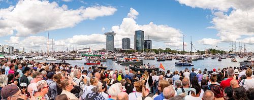 SAIL Amsterdam 2025 - Colourful Panorama of the IJ with Tall Ships, A'DAM Tower and EYE Film Museum by Renzo Gerritsen