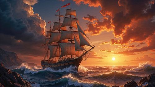 Fantasy Deluxe: AERTHALION – Een machtig zeilschip rijdt op de golven bij zonsondergang