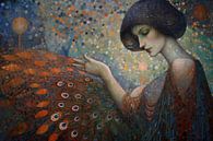Mosaic pointillism woman with peacock feathers by Digitale Schilderijen thumbnail