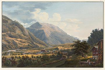 Gezicht op het dorp Trons, historische informatie over de Confederatie van het kanton Graubünden, Johann Ludwig Bleuler