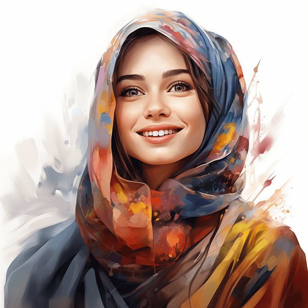 Porträt einer lächelnden muslimischen Frau mit buntem Kopftuch Aquarell-Kunst Design von Animaflora PicsStock