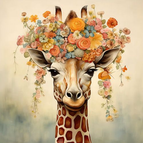 Schilderij Giraffe Bloemen
