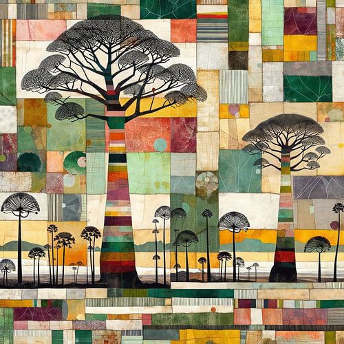 Abstracte baobabs in een geometrisch landschap van Lois Diallo