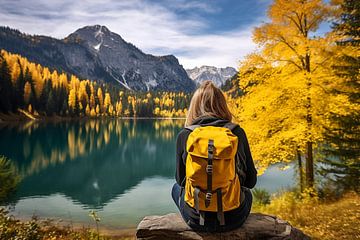 Jonge vrouwelijke wandelaar met een gele rugzak kijkt uit over een schilderachtig bergmeer van Animaflora PicsStock