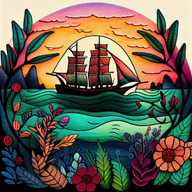 Folk Sunset Sailing Ship by Chromatic Fusion Studio