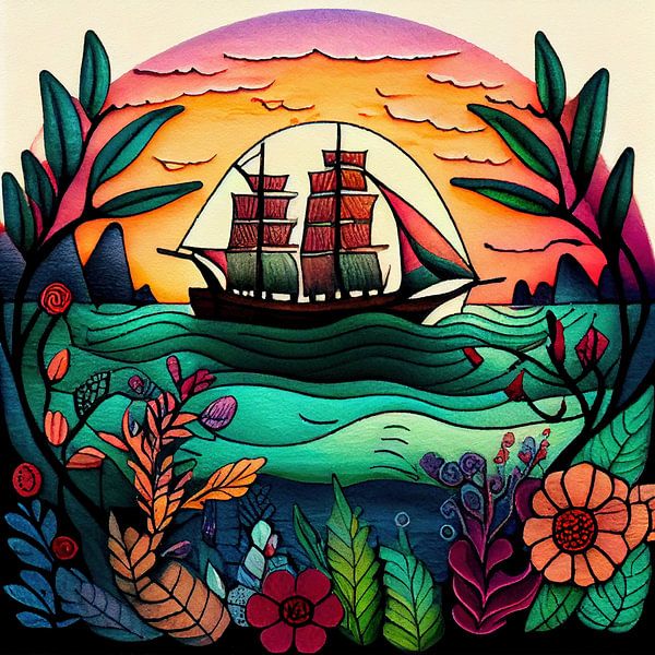 Bateau à voile folklorique au coucher du soleil par Chromatic Fusion Studio