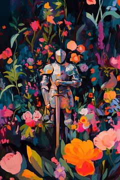 Riddersculptuur in de mysterieuze bloementuin