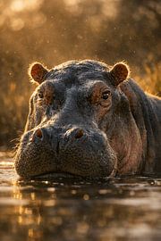 Hippopotamus in goldenem Abendlicht – kraftvolles Wildlife-Porträt in beruhigendem Wasser von Design Wall Arts