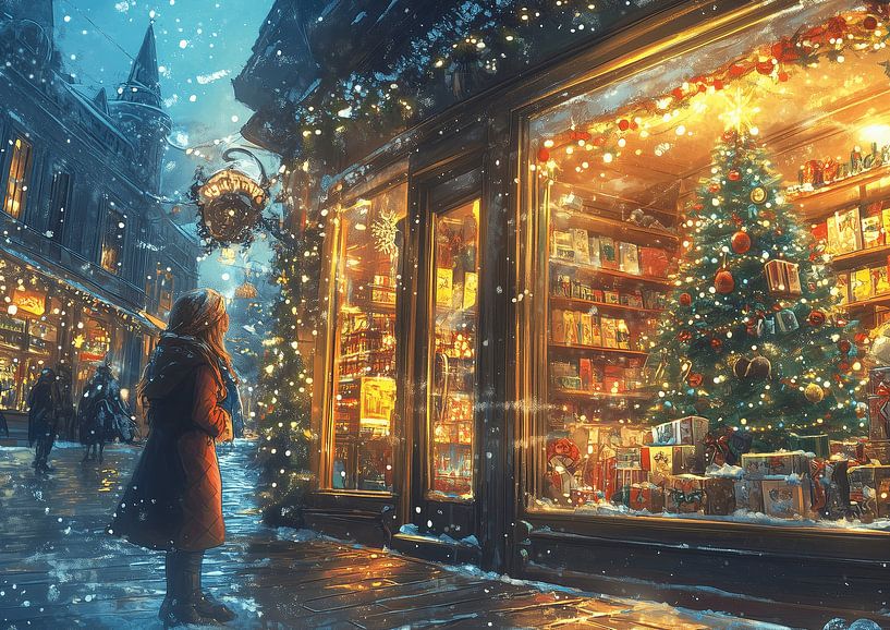 Nostalgisch kerstschilderij winterse kerst etalage winkelstraat van Mel Digital Art