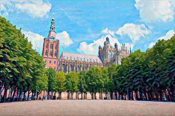 Stilvolle Malerei Den Bosch: St. John's Cathedral im Sommer von Slimme Kunst.nl