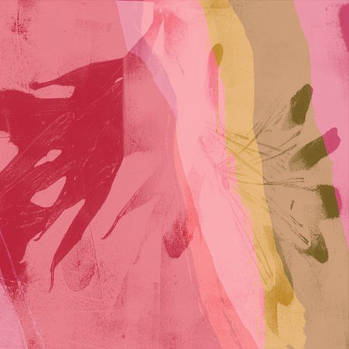 Kleurrijk minimalistisch abstract schilderij in pin, rood, geel, mosterd