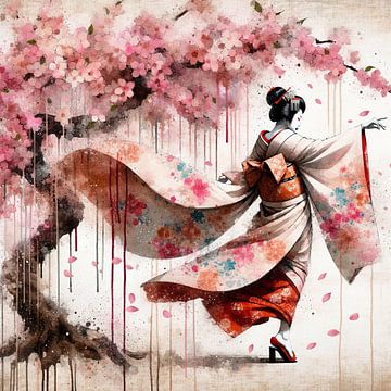 Geisha unter Kirschblüten in Bewegung von Chromatic Fusion Studio