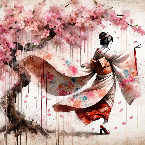 Geisha onder kersenbloesems in beweging