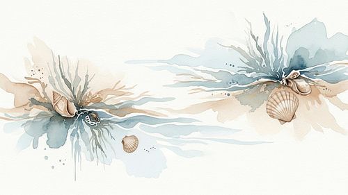 Kustsymfonie: abstracte aquarel met schelpen en oceaan koraal