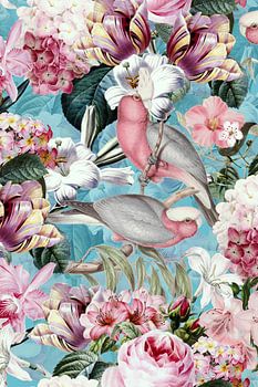 Perroquet en fleurs tropicales jungle turquoise vintage turquoise