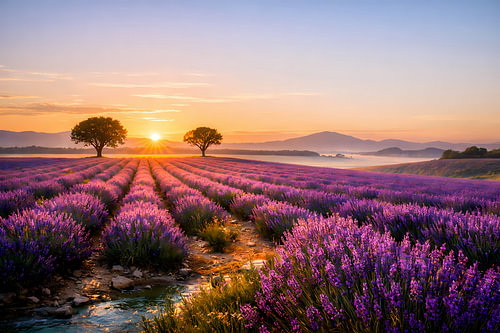 Coucher de soleil dans un champ de lavande – Paysage provençal