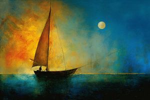 Boot op zee bij zonsondergang van Studio Allee