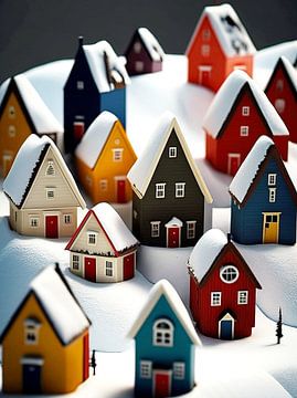 Miniatuur landschap winter wit zwart grijs geel rood blauw huizen van gm_designs