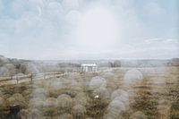 Landscape photo with raindrops on the lens, view of a meadow with a glass greenhouse | Nature Photog