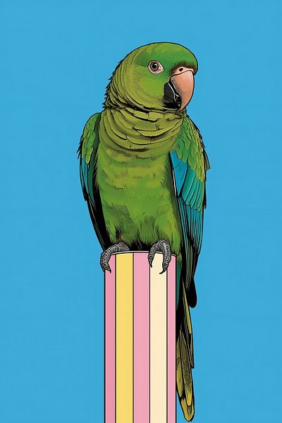 Perroquet vert sur illustration de colonne rayée par Dante S
